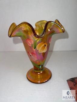 Fenton Signed Hand Painted Marigold Carnival Glass Ruffed Edge Vase