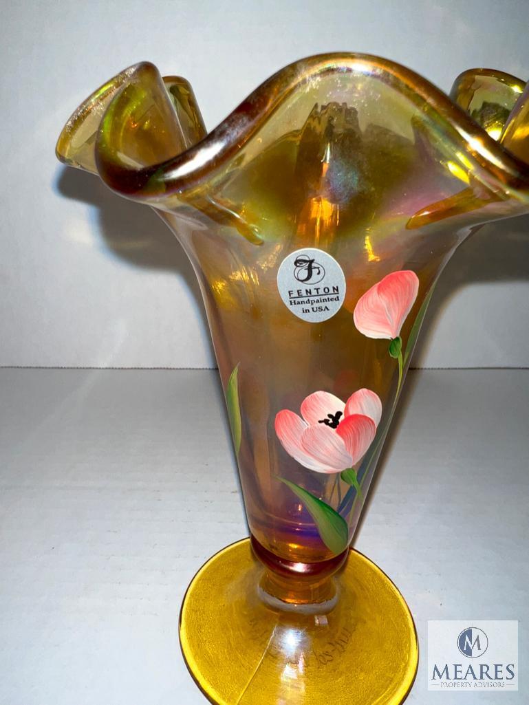 Fenton 5983 A9 Artist Signed Golden Tulips Autumn Gold Vase - 7-inch