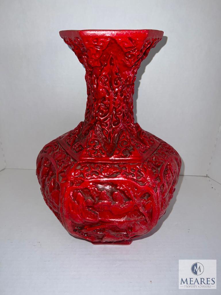 Red Decorative Vase with Asian-Influenced Design