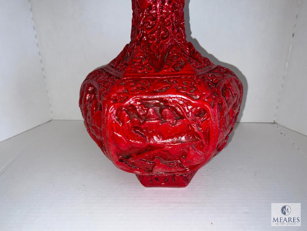 Red Decorative Vase with Asian-Influenced Design