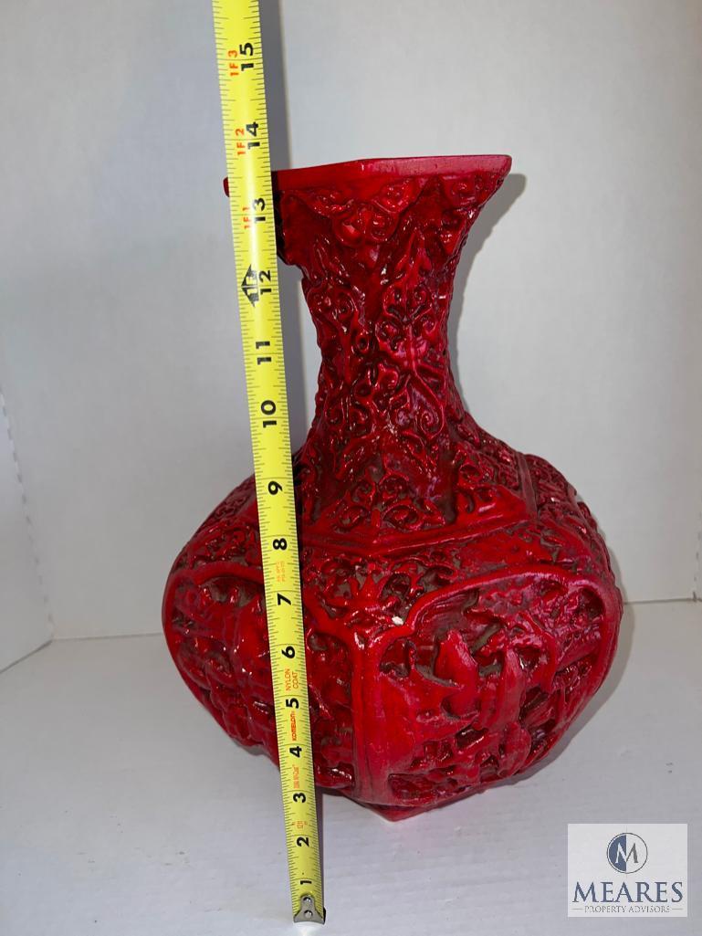 Red Decorative Vase with Asian-Influenced Design