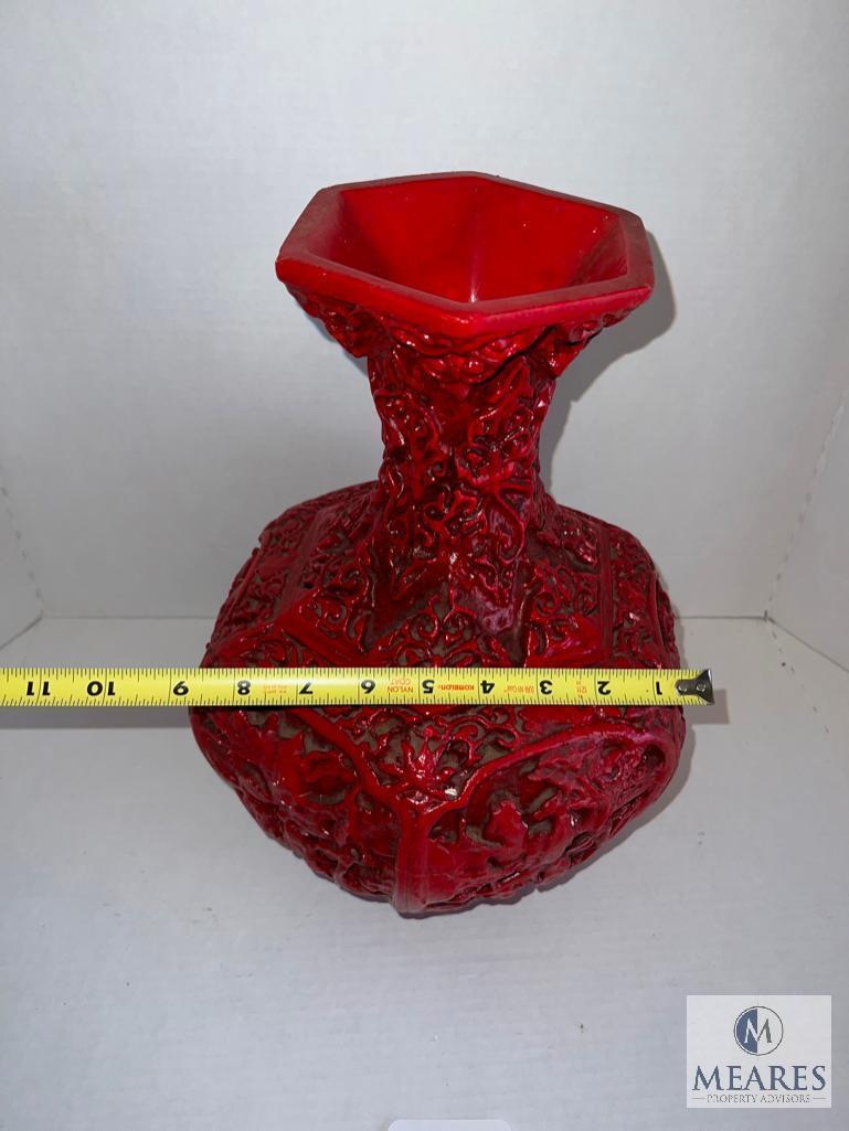 Red Decorative Vase with Asian-Influenced Design