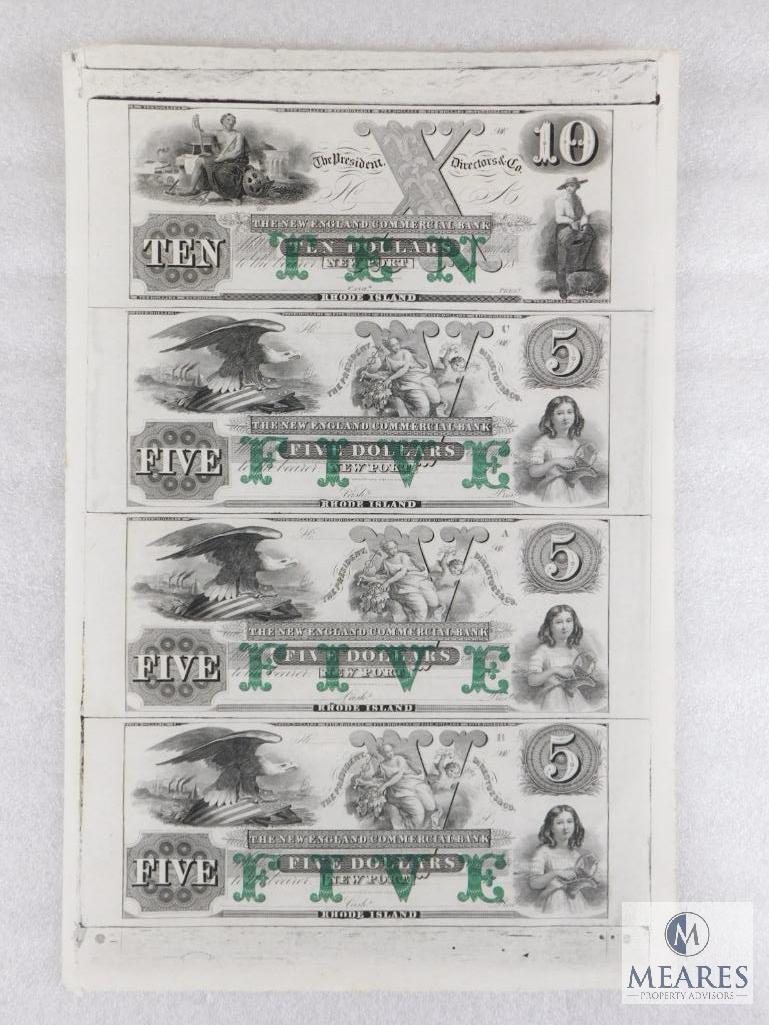 The New England Commerce Bank - Rhode Island $5 and $10 Uncut Specimen Sheet