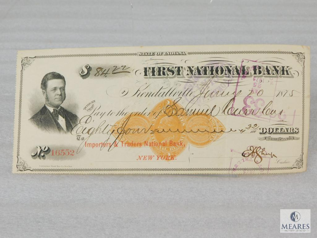 1875 First National Bank - State of Indiana Cancelled Check