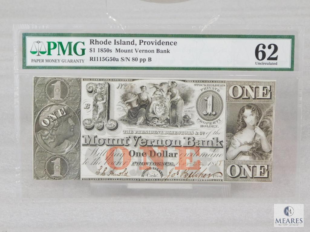PMG Graded 62 $1 Note - 1850s Mount Vernon Bank - Rhode Island, Providence