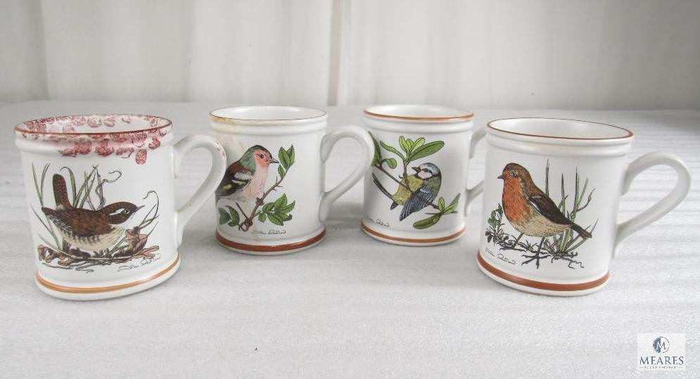 Lot of Three Made in England Pitchers and Four Denby Bird Pattern Coffee Mugs