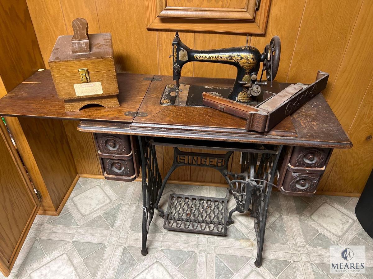 Antique Singer Pedal Sewing Machine with Cabinet and Shoe Shine Box