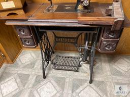 Antique Singer Pedal Sewing Machine with Cabinet and Shoe Shine Box