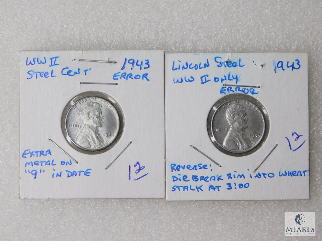 Two - 1943 WWII Steel High Grade Error Cents, Errors On These/Year Types Are Scarce