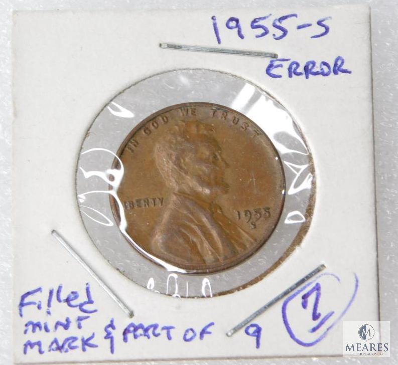 Four Lincoln Errors - "BIE", Filled Letters/Mint Mark/Date 1925-S, 1955-S (2), 1958-D