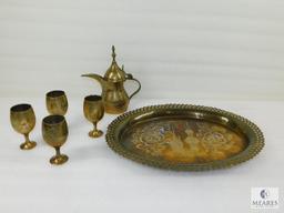 Six Piece Brass Tray with Goblets and Pitcher