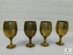 Six Piece Brass Tray with Goblets and Pitcher