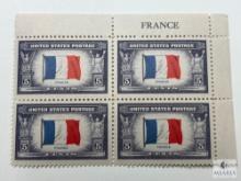 #915 - 1943 Overrun Countries: 5c Flag of France Plate Block of Four Stamps