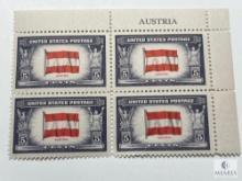 #919 1943 5c Overrun Countries Austria Plate Block of Four US Stamps