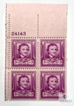 #986 - 1949 3c Edgar Allan Poe Plate Block of Four Stamps