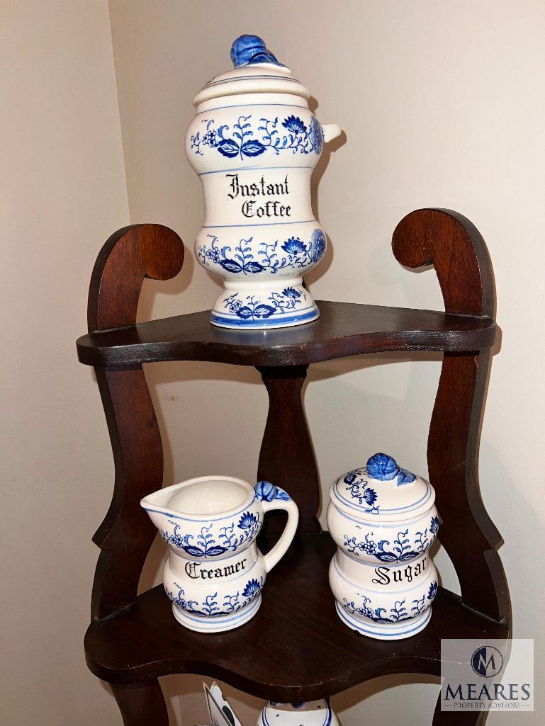 Blue Onion Style Sugar, Creamer, Coffee Canisters Stamped Japan