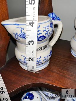 Blue Onion Style Sugar, Creamer, Coffee Canisters Stamped Japan