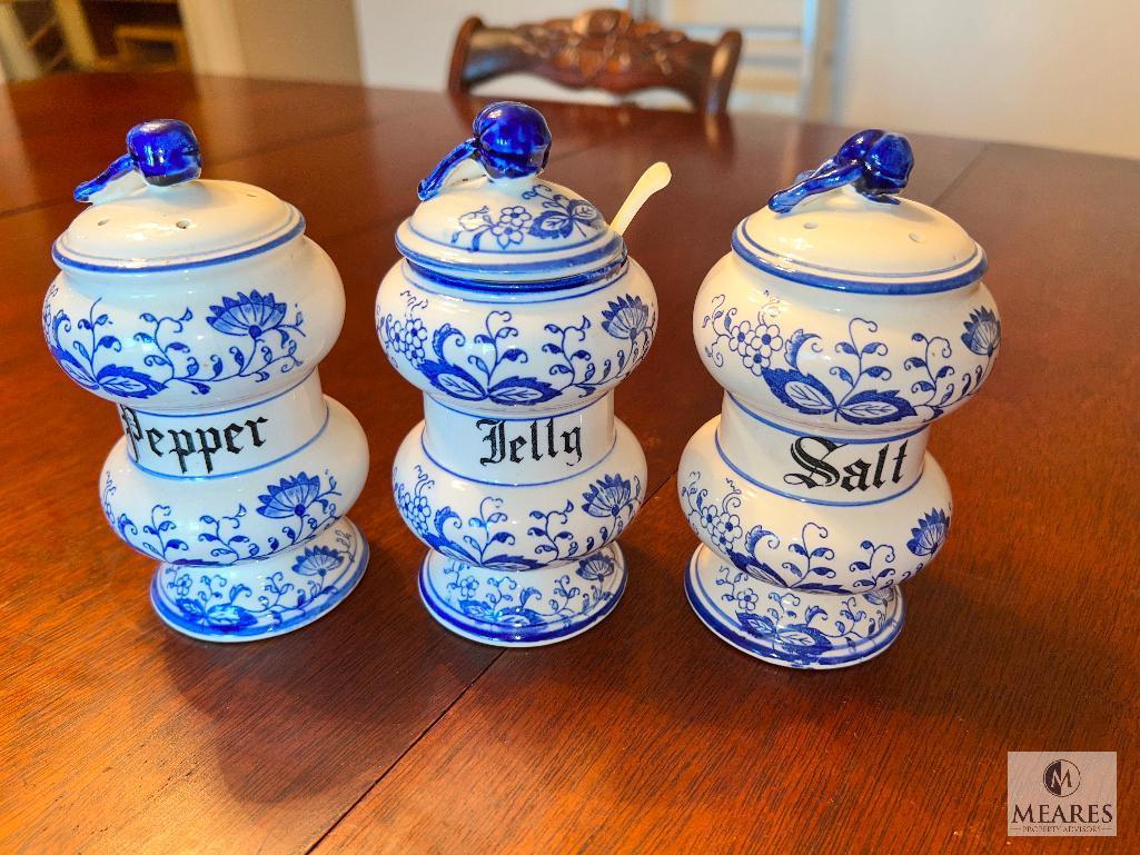 Blue Onion Marked Salt, Pepper, and Jelly Canisters