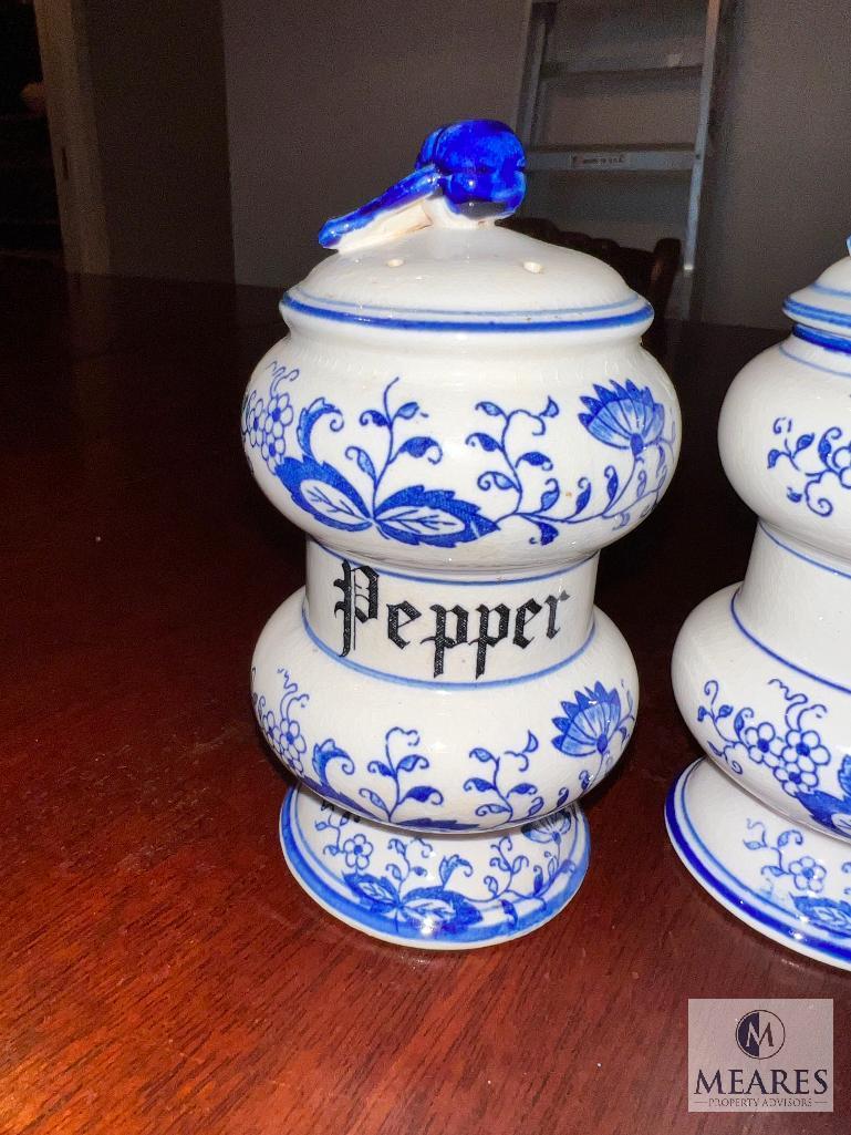 Blue Onion Marked Salt, Pepper, and Jelly Canisters