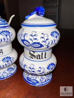 Blue Onion Marked Salt, Pepper, and Jelly Canisters