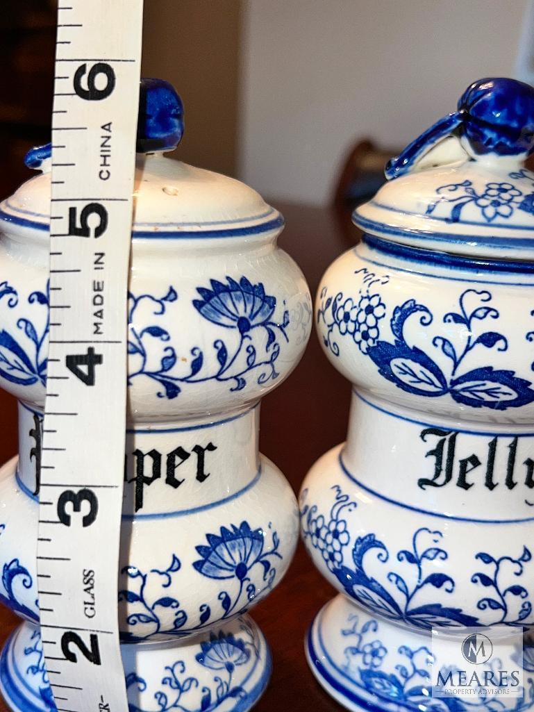 Blue Onion Marked Salt, Pepper, and Jelly Canisters