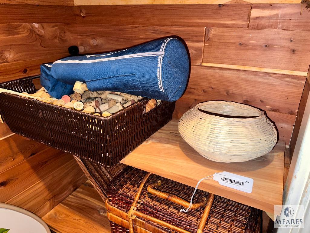 Wall Mirror, Basket Variety, and Wine Rack