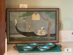 Mid-Century Moire Glaze Kyes Serving Tray, Silverplate and Glass Coasters, and Framed Print