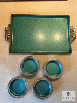 Mid-Century Moire Glaze Kyes Serving Tray, Silverplate and Glass Coasters, and Framed Print