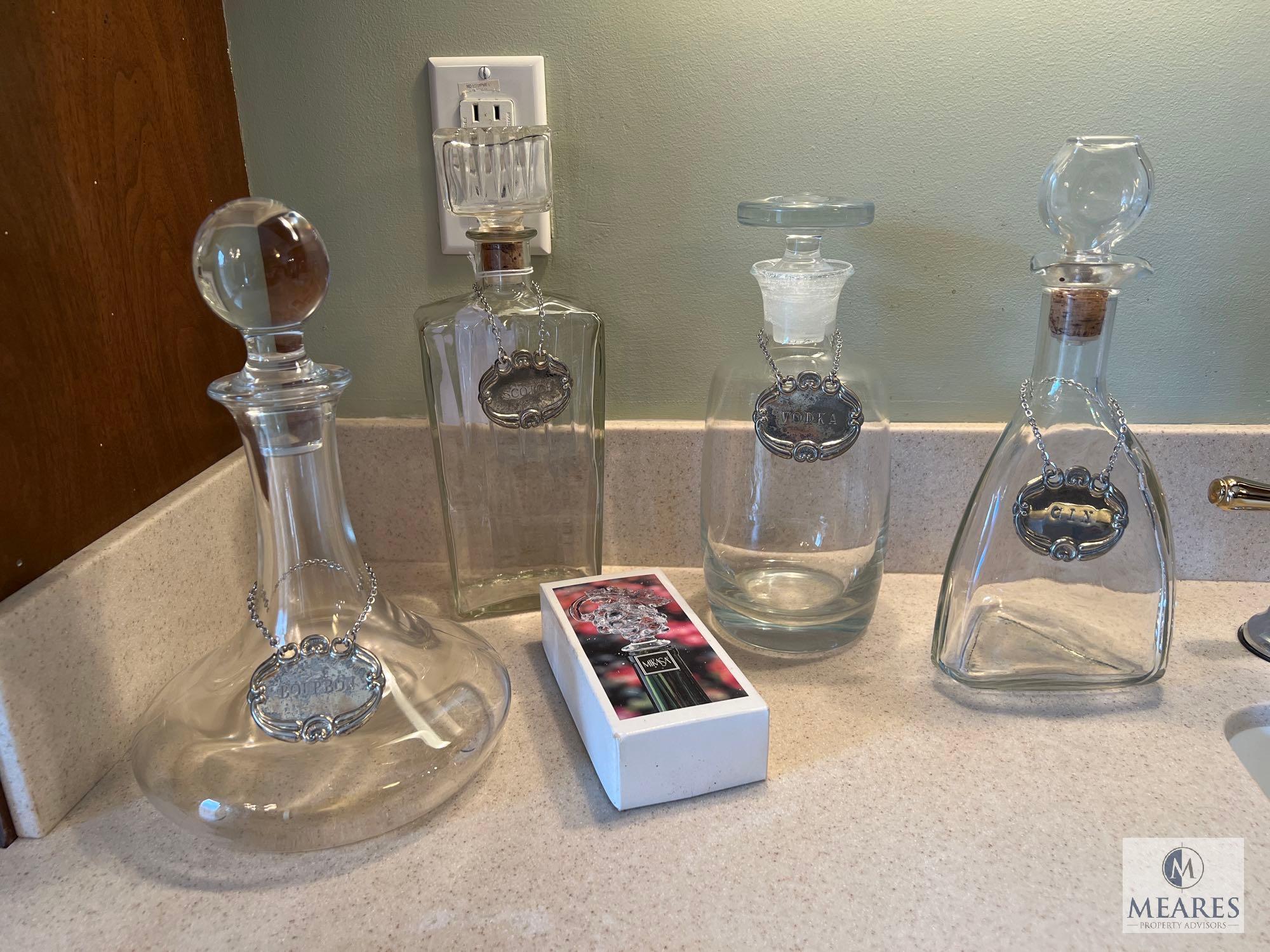 Variety of Decanters with Labels and Mikasa Wine Stopper