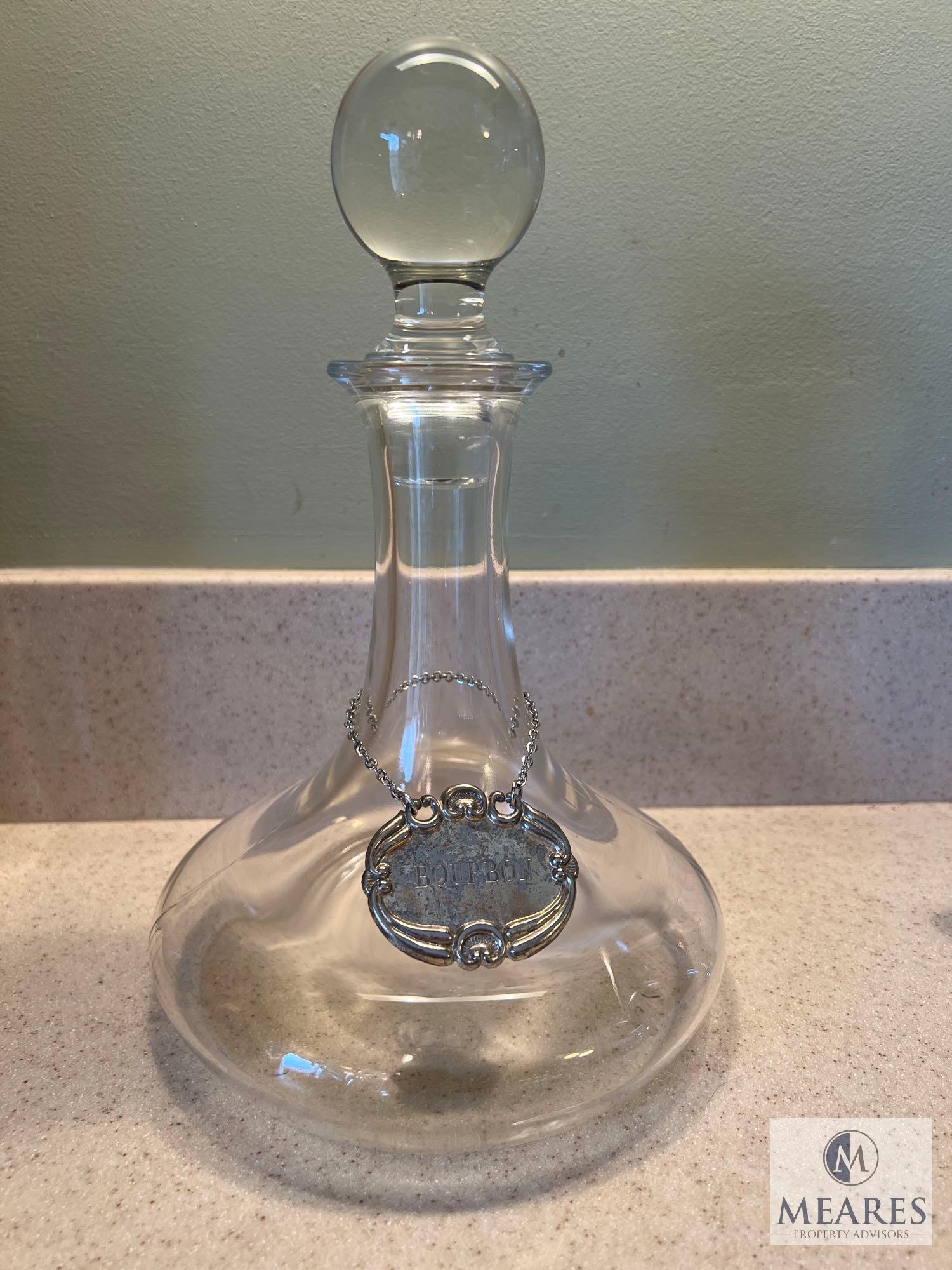Variety of Decanters with Labels and Mikasa Wine Stopper