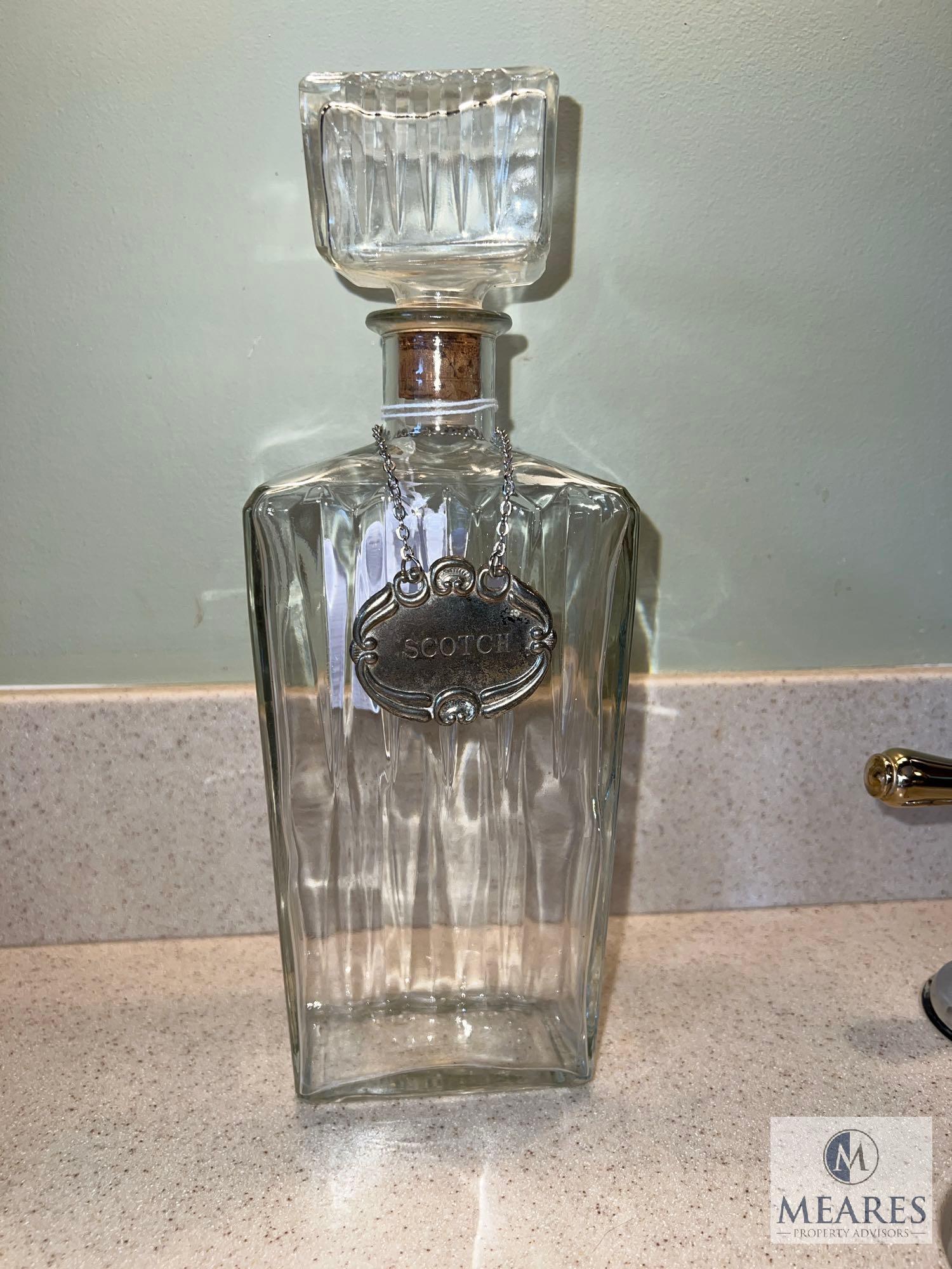 Variety of Decanters with Labels and Mikasa Wine Stopper