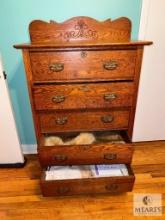 Antique Tiger Oak Five-Drawer Chest of Drawers on Casters with Dovetail Drawers