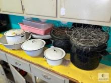 Enamelware Bowls and Canners with Racks