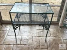 Vintage Glass Top Metal Patio Table with Wire Shelf