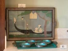 Mid-Century Moire Glaze Kyes Serving Tray, Silverplate and Glass Coasters, and Framed Print