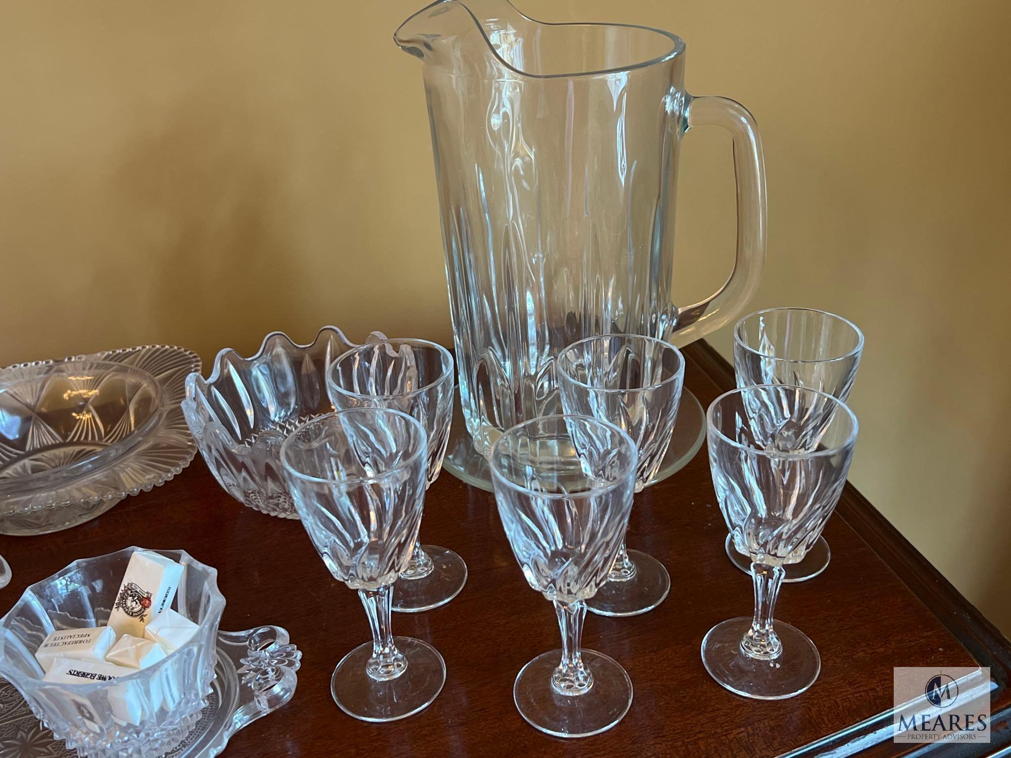 Glass Lot with Pitcher, Stem Glasses, Cream and Sugar