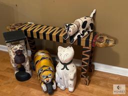 Decorative Feline Lot: Cat Plant Stands and Decorative Cats