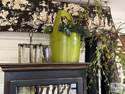 Bookcase and Contents with Green Dishes, Cornice Board and Floral Bucket