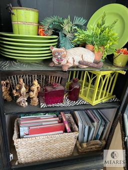 Bookcase and Contents with Green Dishes, Cornice Board and Floral Bucket