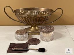 Handled Basket with Glass Containers and Silver Lids and Brush