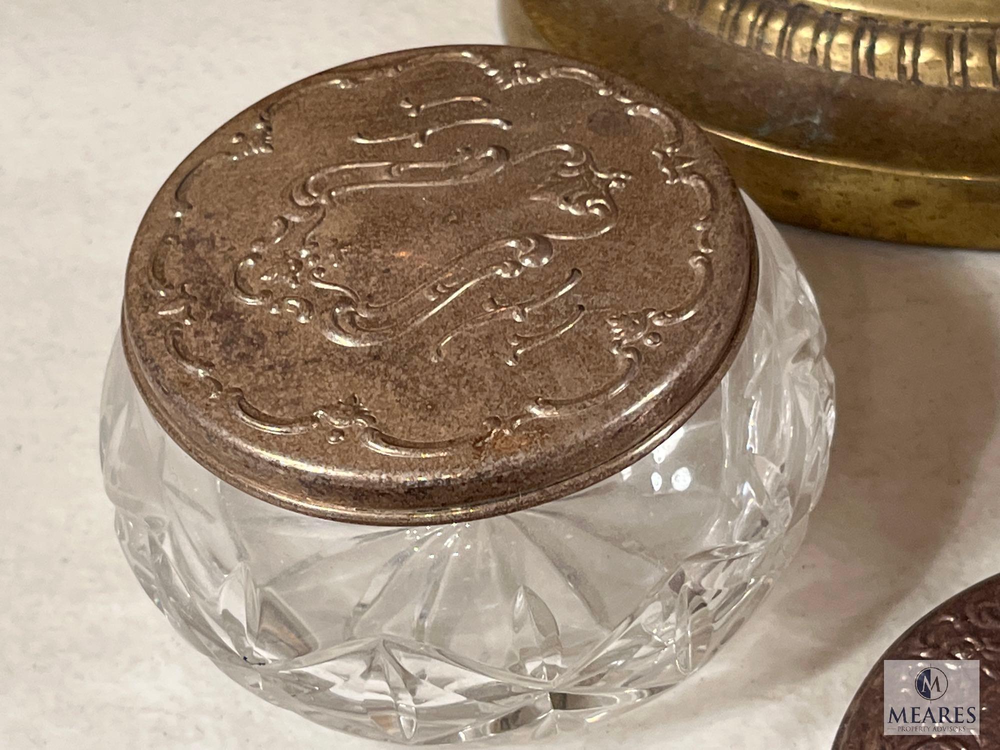 Handled Basket with Glass Containers and Silver Lids and Brush