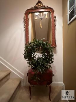 Red Decorative Planter and Gold Trim Mirror