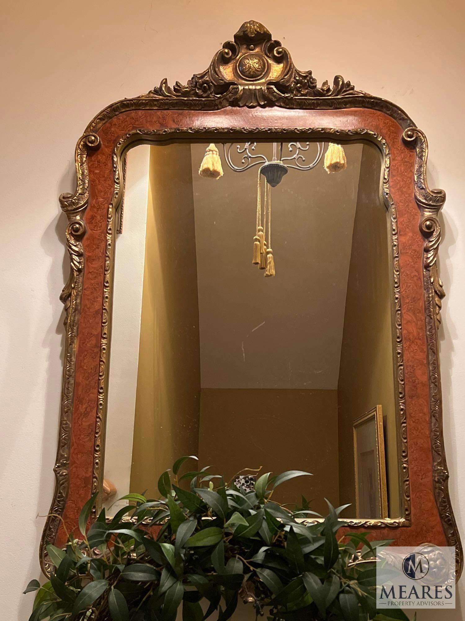 Red Decorative Planter and Gold Trim Mirror