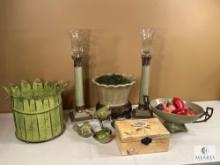 Assorted Green Decor Including Porcelain Birds, Candlesticks, Trinket Box and More