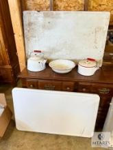 Two Porcelain Table Tops and Three Antique Porcelain-coated Items