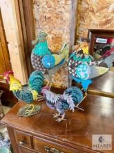 Group of Four Metal Rooster Yard Decorations