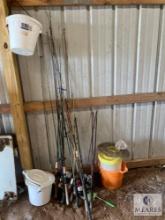 Mixed Lot of Fishing Rods and Reels with Buckets
