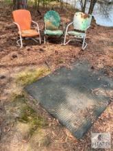 Three Vintage Outdoor Metal Chairs and Heavy Duty Stall Mat