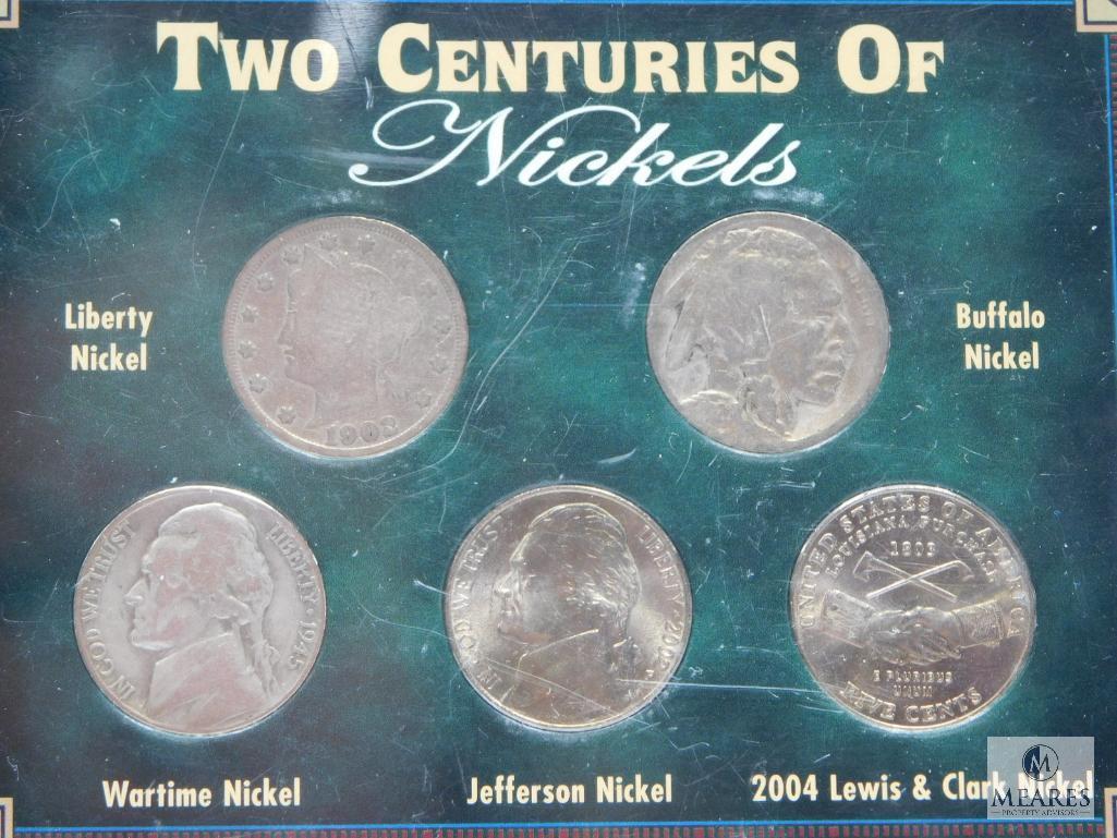 Two Centuries Of Nickels In Display Case, Includes 1945-S Silver WWII Nickel, Circ. To BU