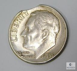 1957 Roosevelt Dime, Clipped Planchet At 11:30